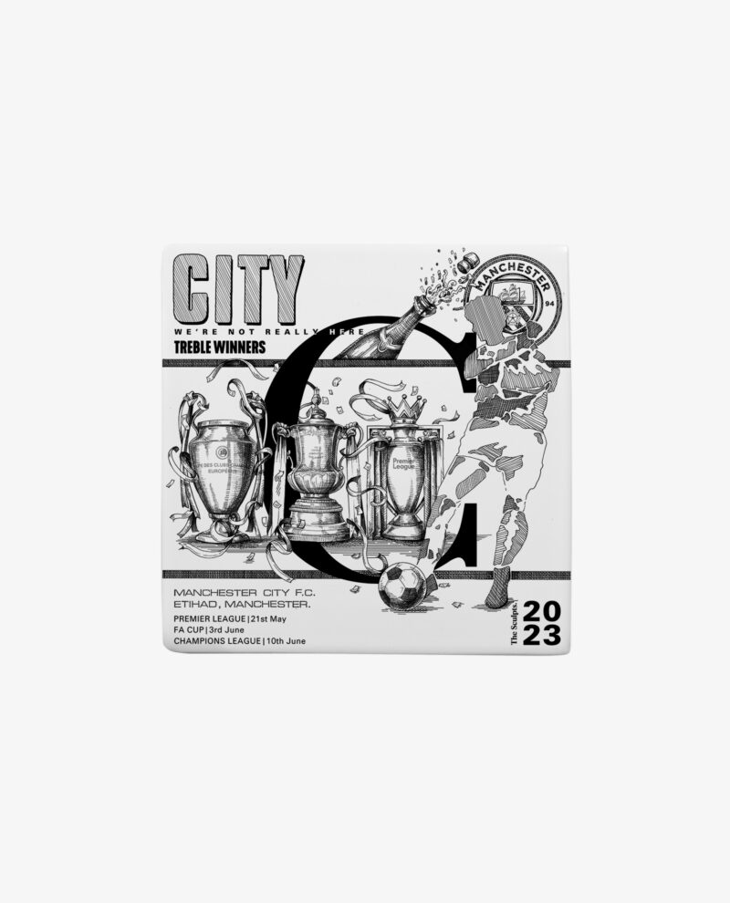 Manchester City Treble Tile flat lay showing FA Cup, Premier League and Champions League trophies with champagne bottle