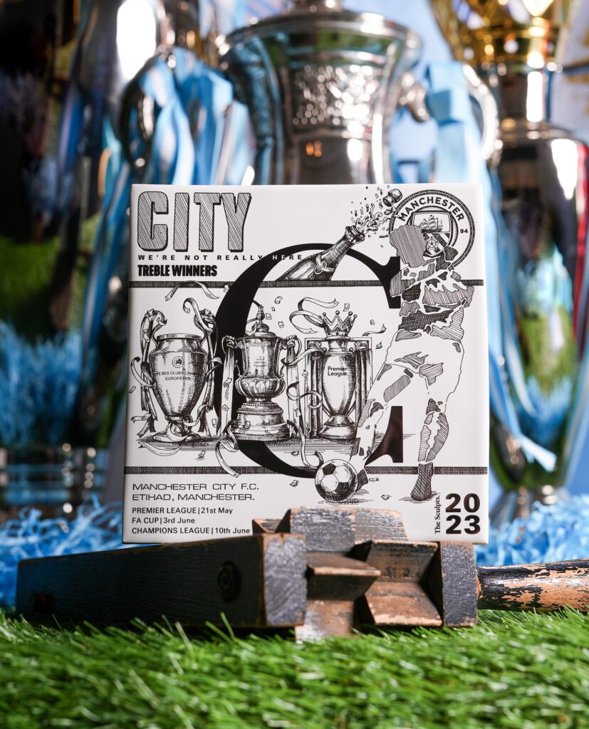 Manchester City Treble Tile with Premier League, FA Cup, and Champions League trophies