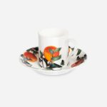 Citrus Vulgaris bone china espresso cup and saucer with orange botanical pattern, oblique view on white background