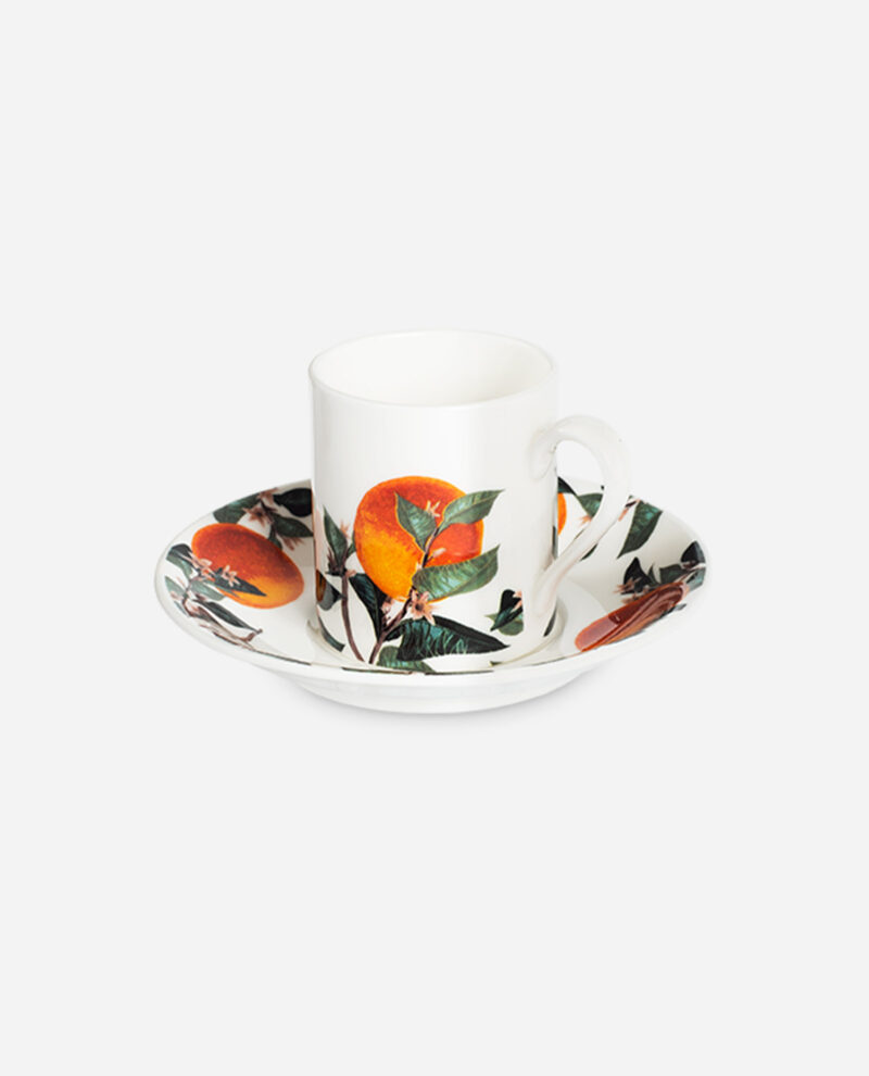Citrus Vulgaris bone china espresso cup and saucer with orange botanical pattern, oblique view on white background