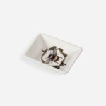 Honeycomb Bee trinket tray in fine bone china, oblique view showing white rectangular dish with bumblebee artwork in brown and gold