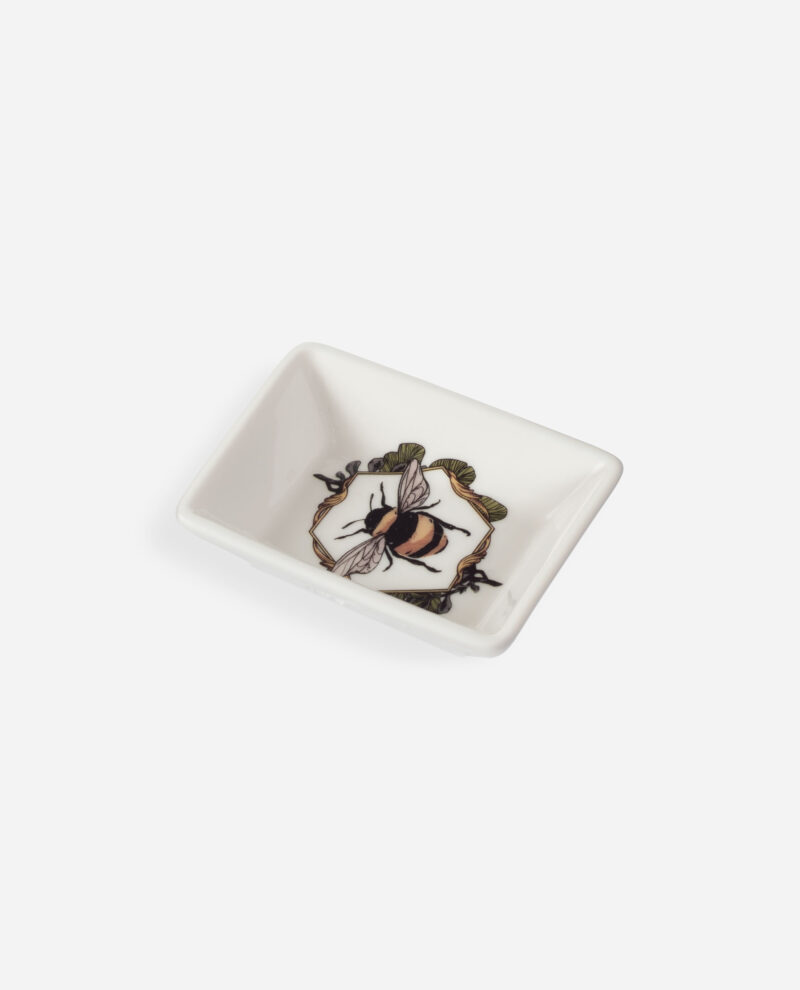 Honeycomb Bee trinket tray in fine bone china, oblique view showing white rectangular dish with bumblebee artwork in brown and gold