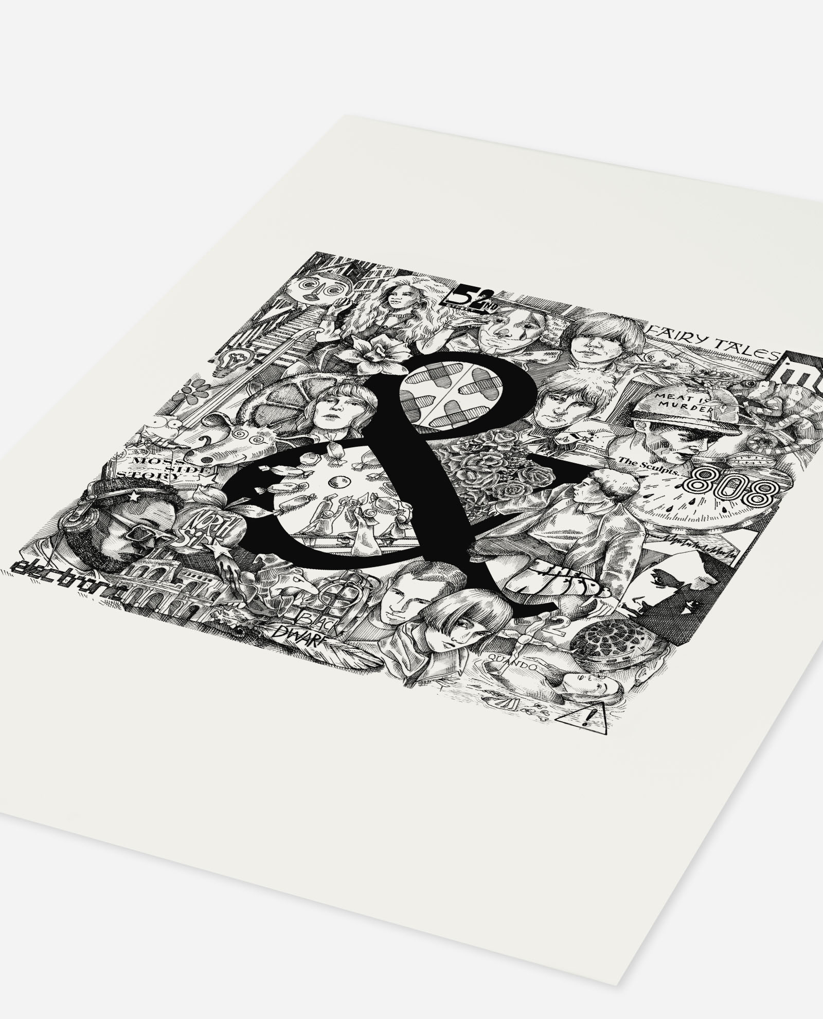Oblique angle view of Manchester 80s bands print showing paper texture and dimensional quality of Hahnemühle stock