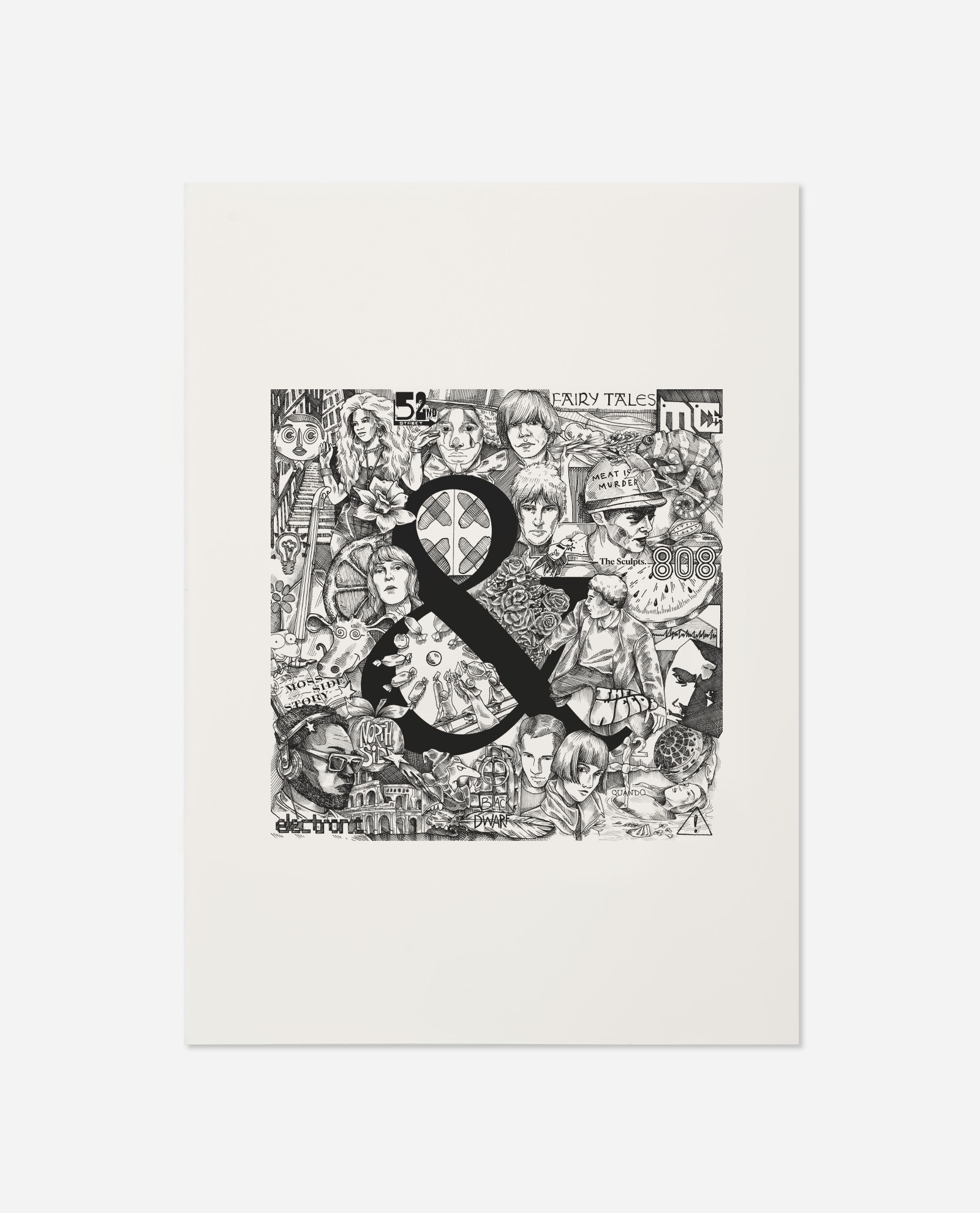 Manchester 80s bands print on cream paper showing black ampersand with illustrated faces and text including Stone Roses and Fairy Tales