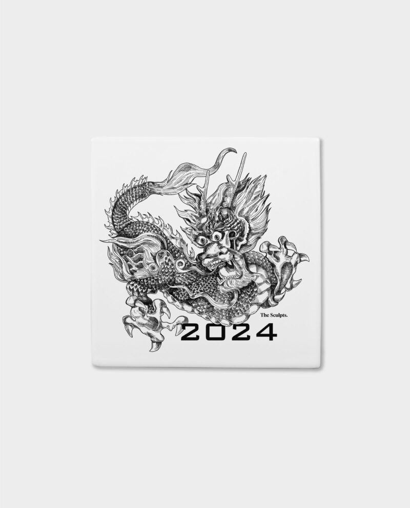 Year of the Dragon tile 2024 by The Sculpts showing intricate pen and ink dragon illustration on white ceramic square