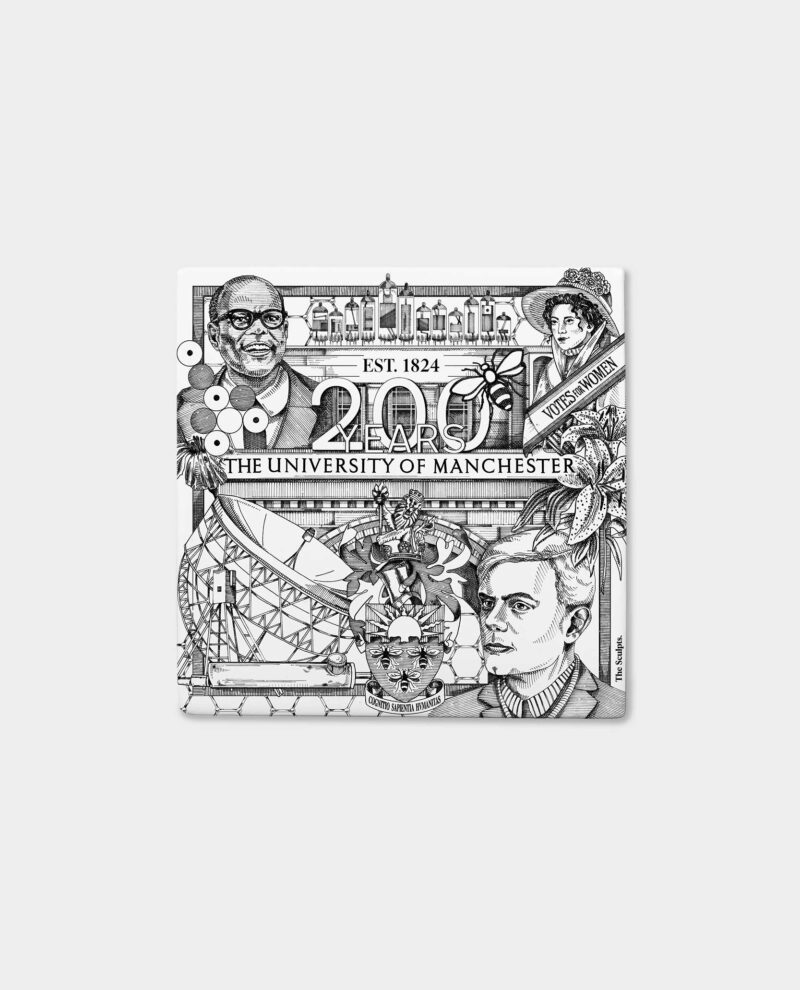 University of Manchester 200 years ceramic tile featuring detailed pen and ink illustrations of Turing, Pankhurst and Lewis with Manchester landmarks