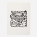 University of Manchester 200 years commemorative print featuring black and white pen illustrations on off-white background