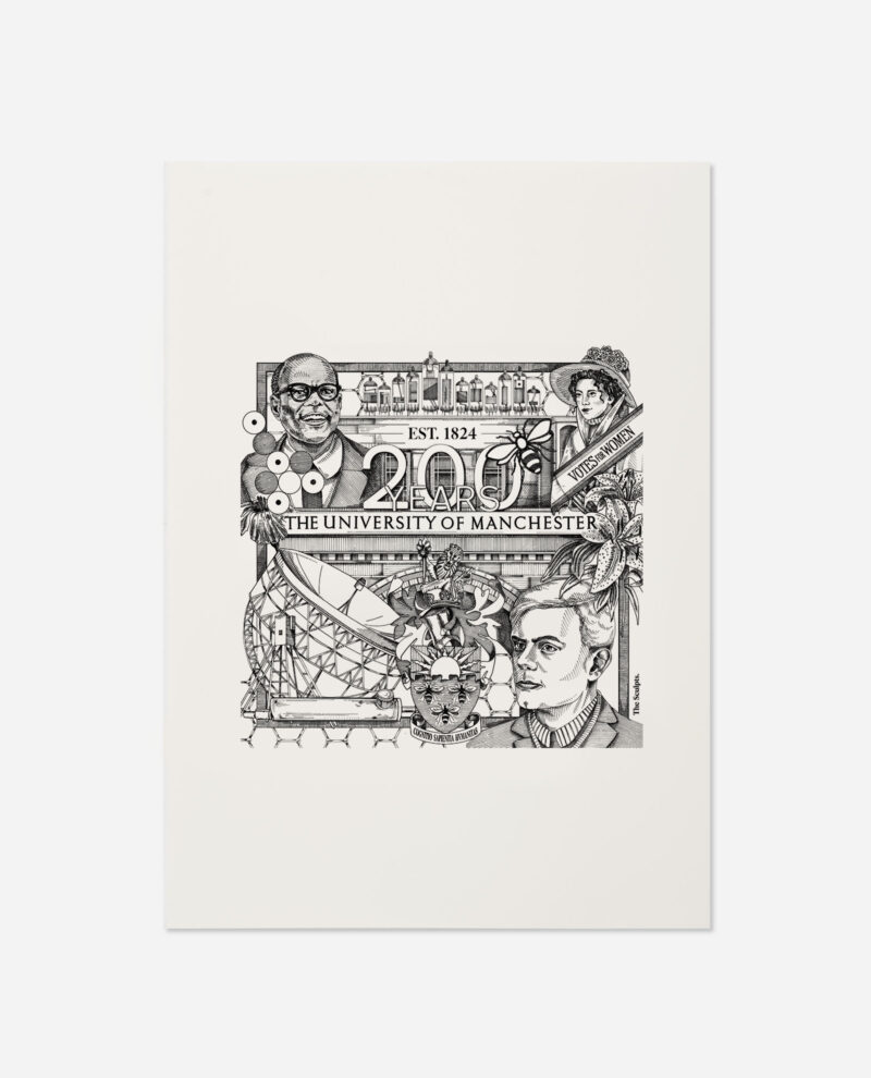 University of Manchester 200 years commemorative print featuring black and white pen illustrations on off-white background