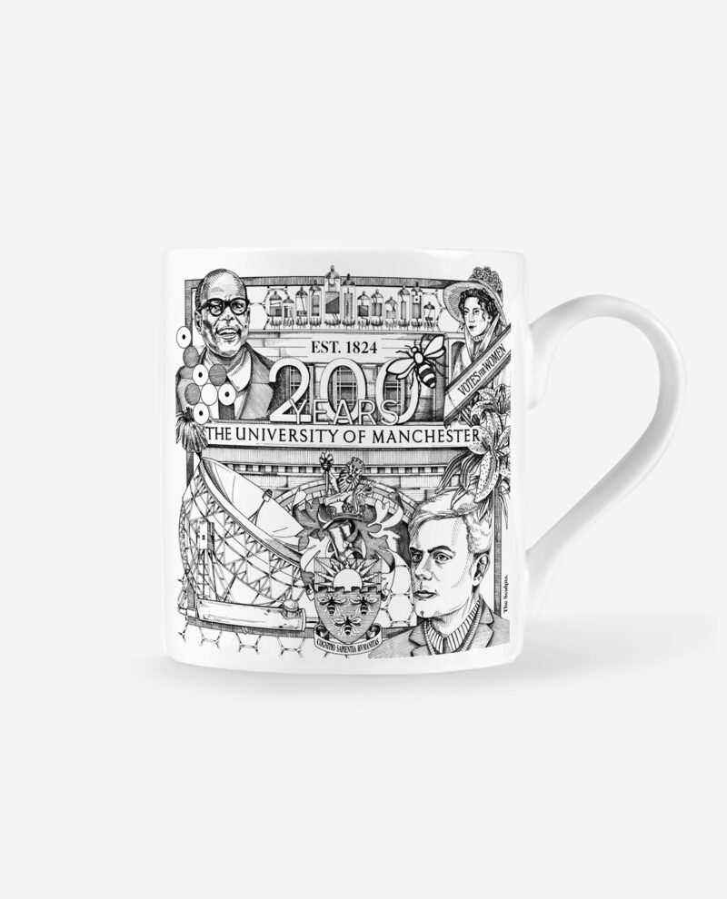 University of Manchester bicentenary mug showing detailed pen and ink design with portraits of Alan Turing and Christabel Pankhurst