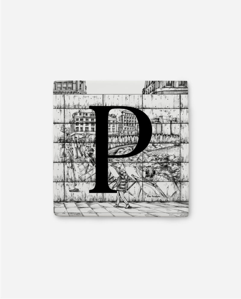 Piccadilly Gardens tile with large letter P over detailed black and white sketch of concrete walls and Manchester buildings