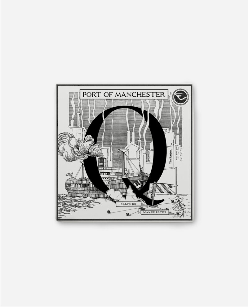 Letter Q ceramic tile featuring Port of Manchester Ship Canal illustration with ships, quays and Salford docks by The Sculpts