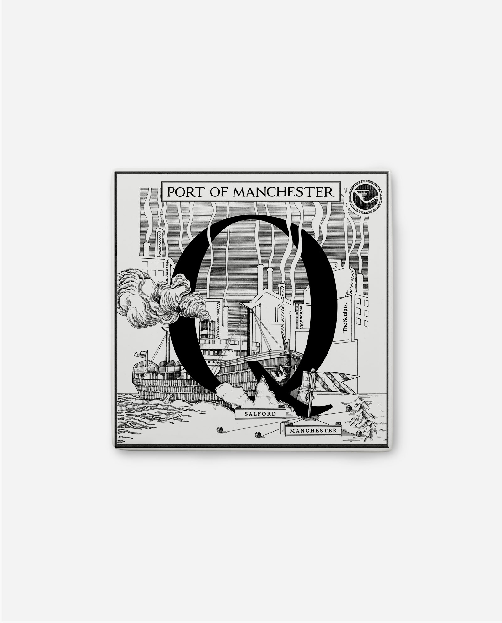 Letter Q ceramic tile featuring Port of Manchester Ship Canal illustration with ships, quays and Salford docks by The Sculpts