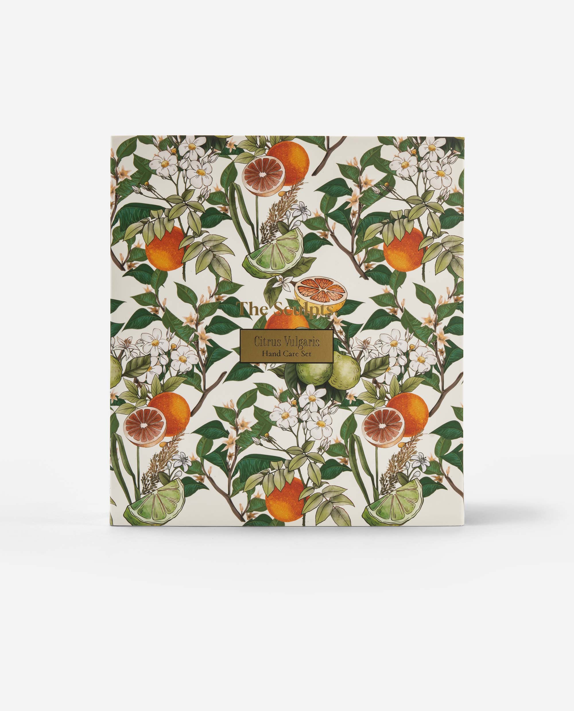Citrus Vulgaris Hand Care Set gift box with botanical illustration of oranges, citrus slices and white flowers