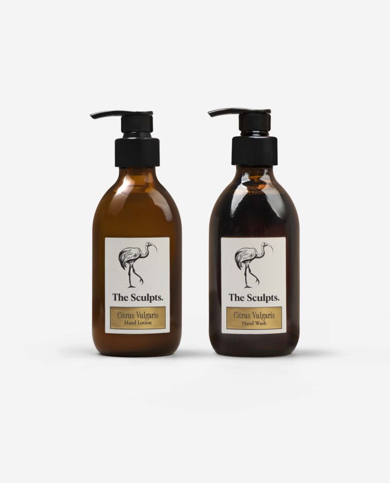 Citrus Vulgaris hand wash and hand lotion in amber glass bottles with black pumps and bird illustration labels