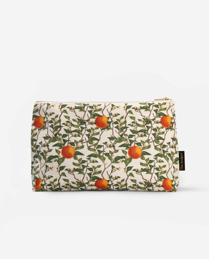 Front view of Citrus Vulgaris botanical wash bag with repeating orange fruit and green foliage pattern on natural cotton