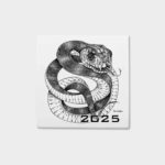 Year of the Snake tile front view showing intricate black ink serpent coiled around '2025' on white ceramic square