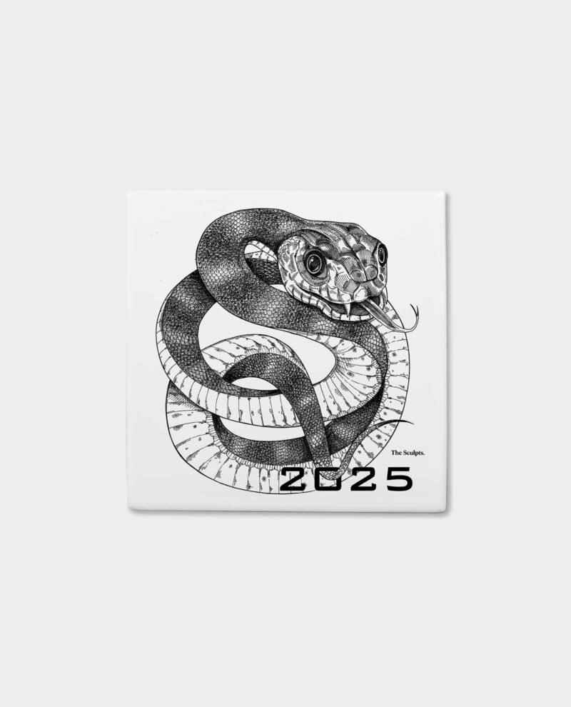 Year of the Snake tile front view showing intricate black ink serpent coiled around '2025' on white ceramic square