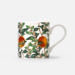 Citrus Vulgaris bone china mug showing front view with botanical orange tree pattern, green leaves and orange fruit on white background