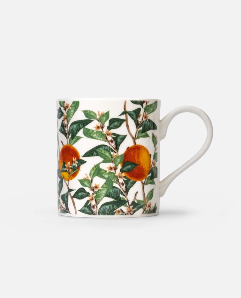Citrus Vulgaris bone china mug showing front view with botanical orange tree pattern, green leaves and orange fruit on white background