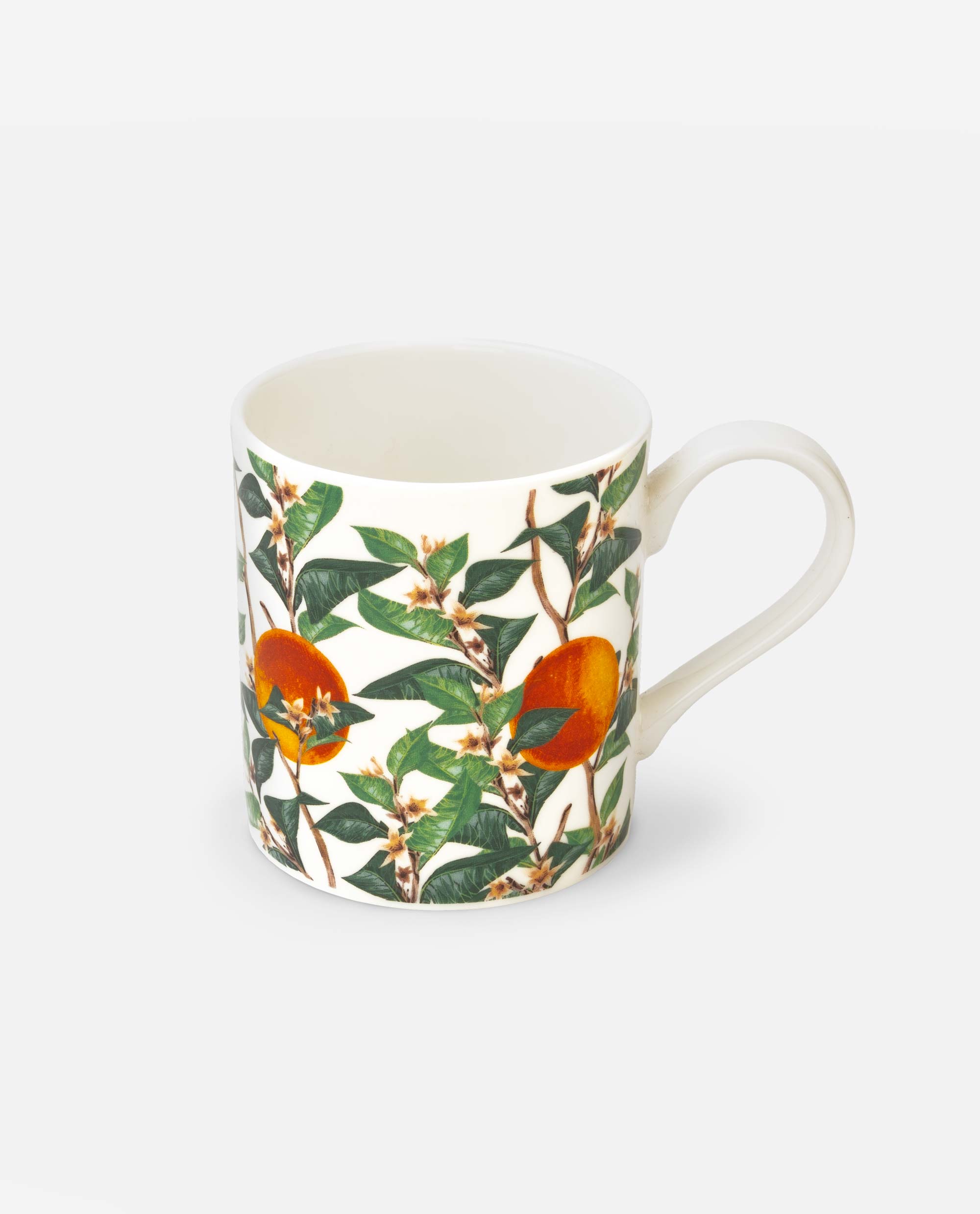 Citrus Vulgaris bone china mug angled view from above showing interior, handle and botanical orange pattern wrapping around body