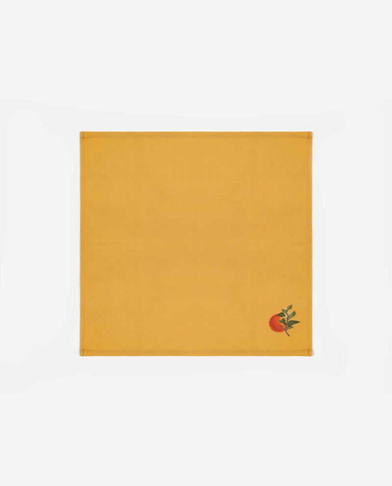 Citrus Vulgaris botanical cotton napkin in ochre yellow with orange and green leaf motif in corner by The Sculpts