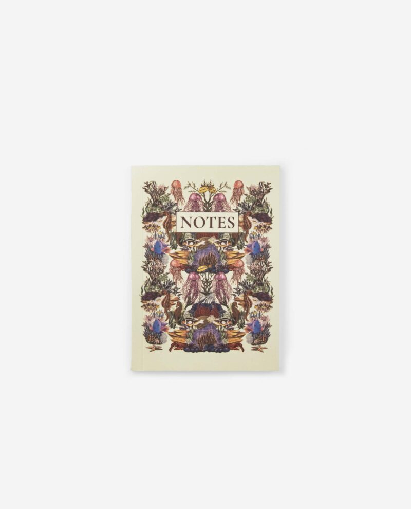 Sous La Mer Notebook front cover with symmetrical underwater illustration featuring jellyfish, coral, crabs and sea life