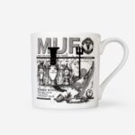 Front view of Manchester United Treble mug featuring black printed design with three trophy illustrations, 1999 date, and MUFC logo on white ceramic