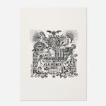 La Mercè Barcelona 2025 print featuring ornate black heraldic crest with Manchester Bee, Catalonian Bat, and decorative scrollwork on cream paper
