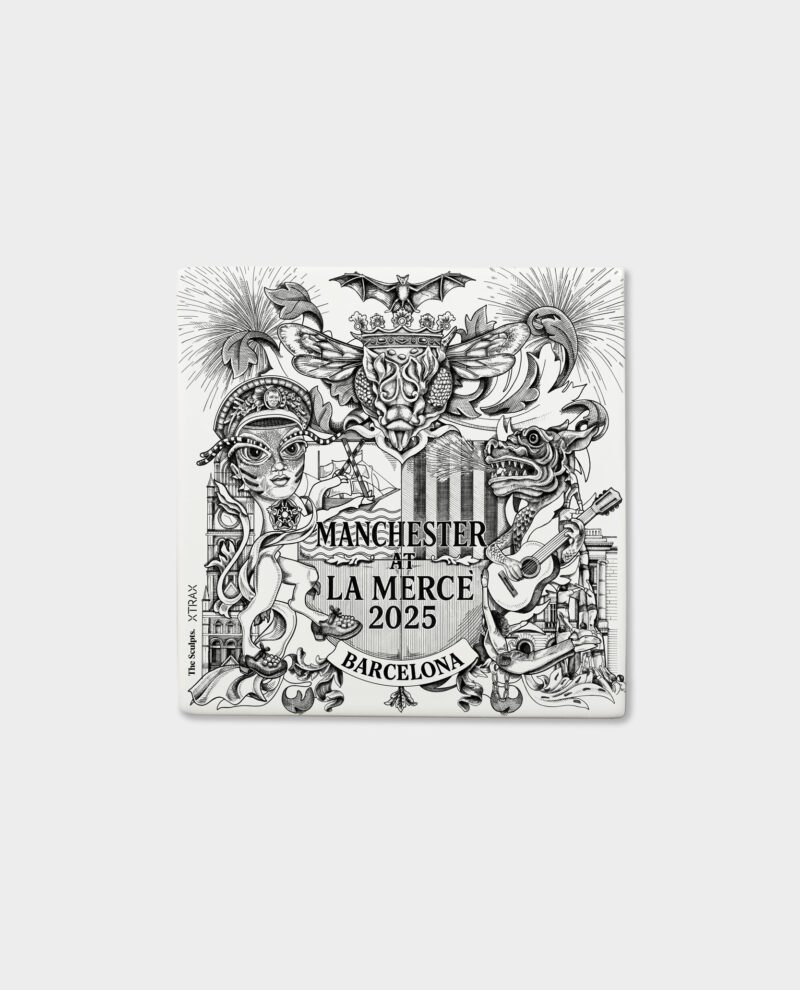 La Mercè 2025 Barcelona tile front view with ornate crest design featuring bat, bee, guitars and architectural details
