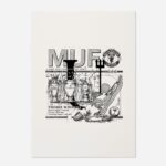 Manchester United 1999 Treble commemorative print flat view showing black line art with three trophy illustrations and MUFC lettering