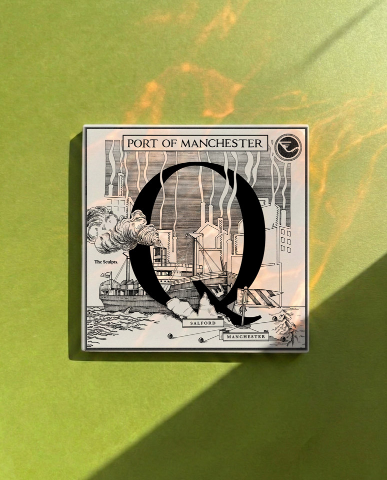 Square ceramic tile with Port of Manchester illustration and large black letter Q